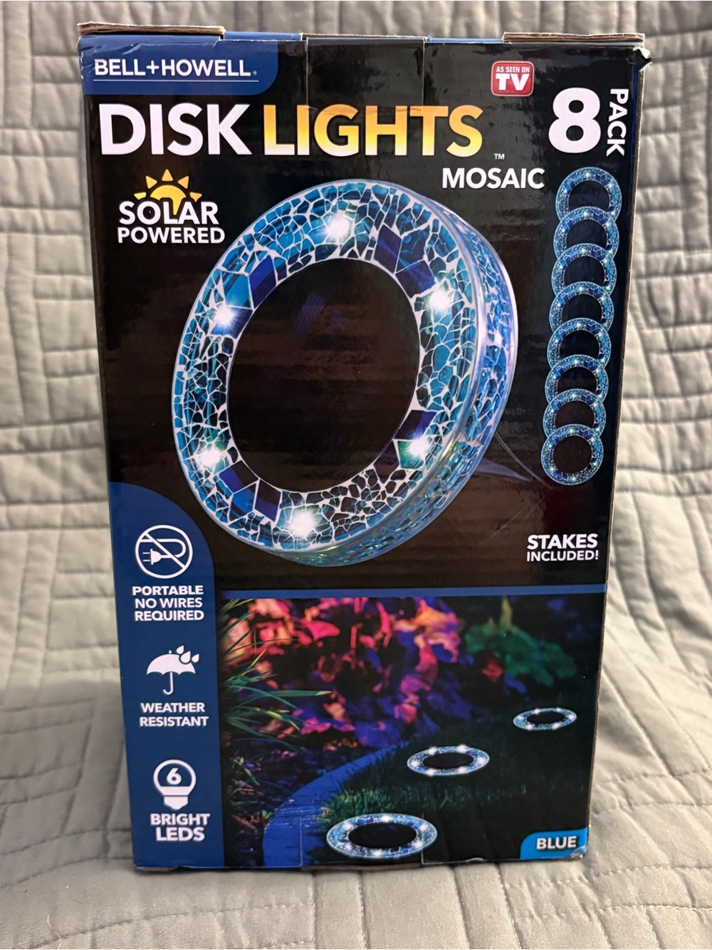 Bell+Howell Solar Powered Outdoor Mosaic Disk Lights 8 Pack Blue